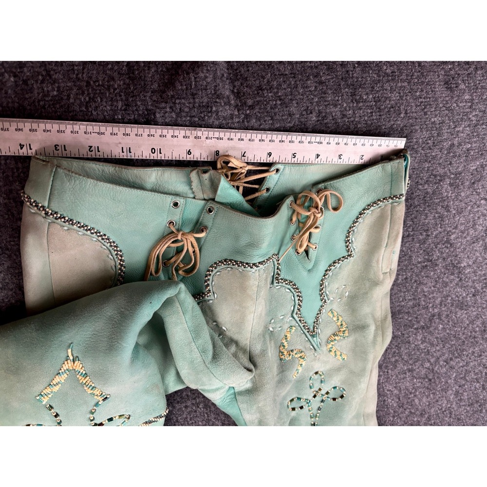 Vintage Western Suede Leather Pants Beaded Lace Up Turquoise OOAK Couture Rare - Picture 7 of 16